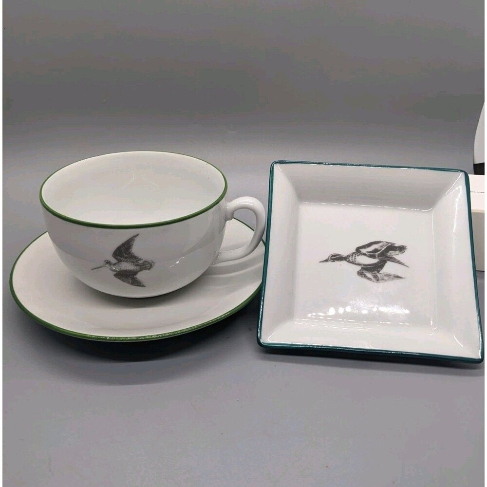 Limoges Grand Sologne Qui Qui France Waterfowl Teacup, Saucer, Small Plate Dish